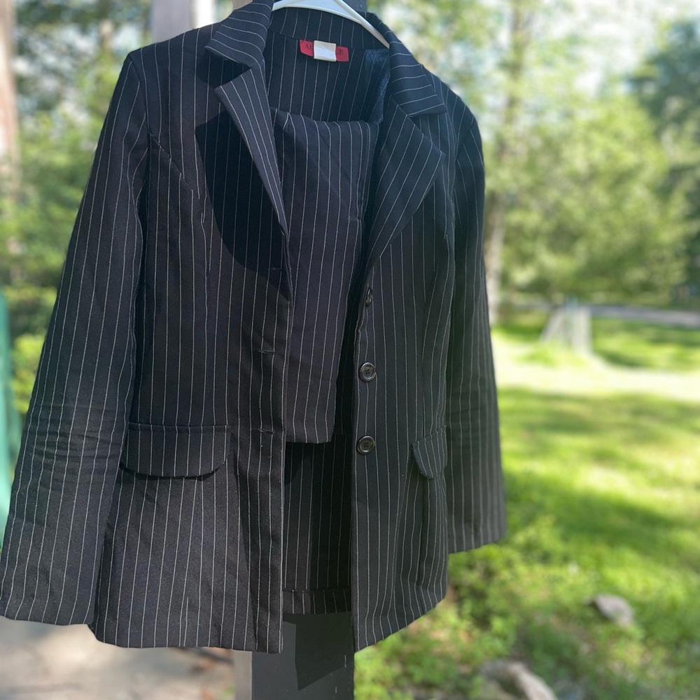 Women's Black Pinstripe Blazer with mini skirt size small or 3